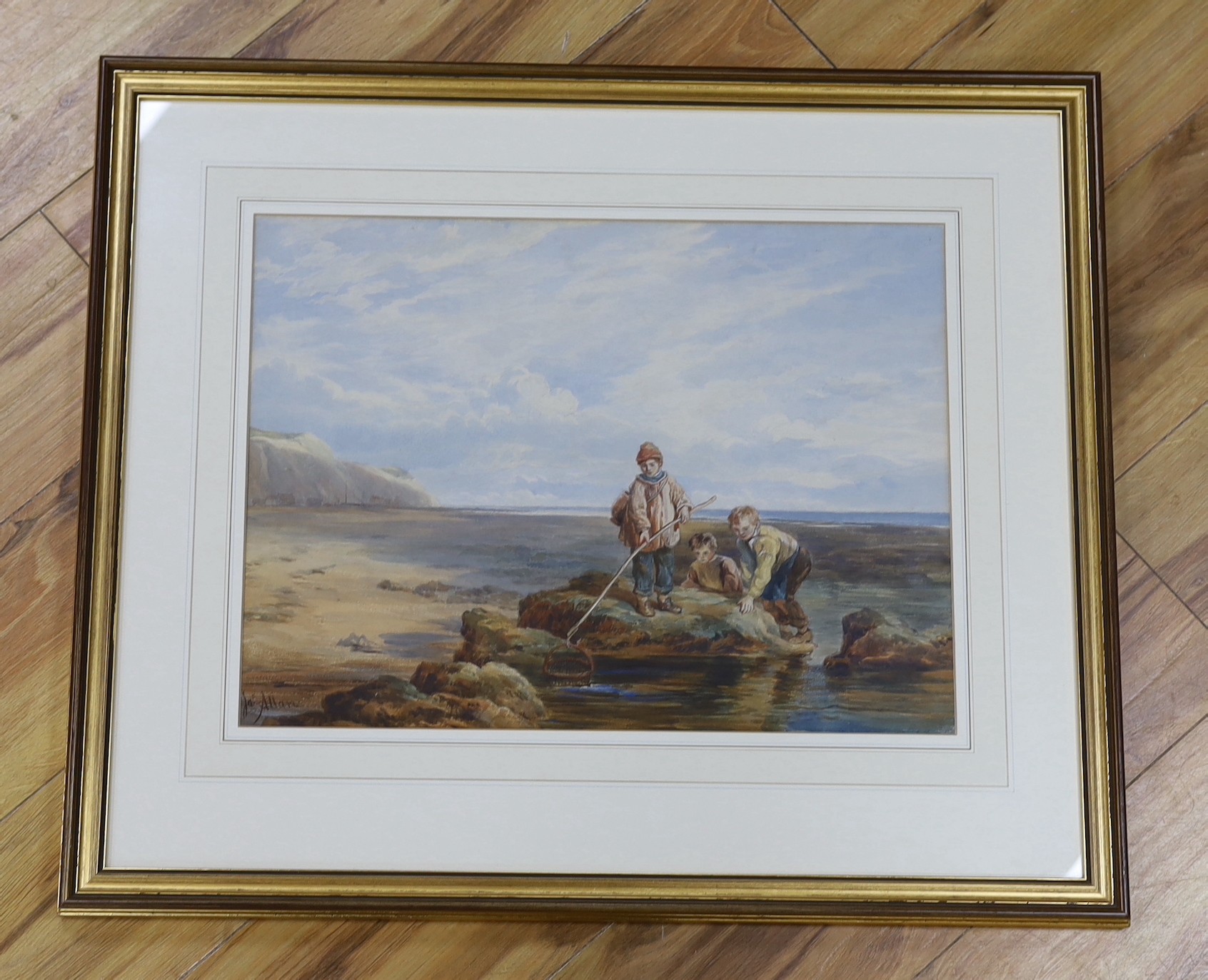 James Allan (19th C.), watercolour, Children shrimping on the shore, signed, 36 x 48cm